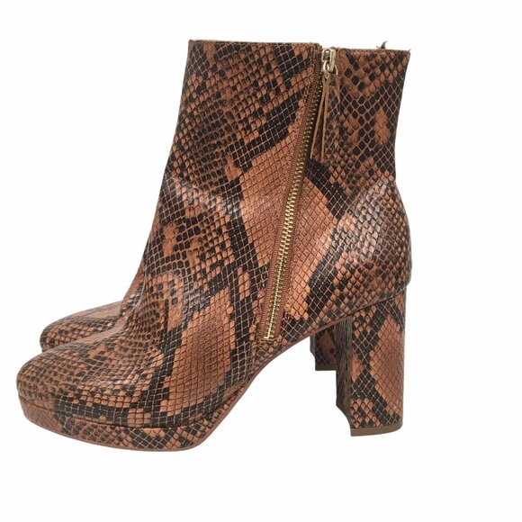H&M Boots Women 9.5 Brown Snake Print Block Heel Zip Ankle Chunky Platform 90s - Picture 1 of 16